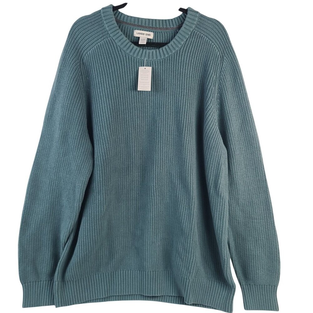 NWT Lands End Men's L/T Aqua Cotton Sweater Ribbed Knit Crewneck Classic Fit